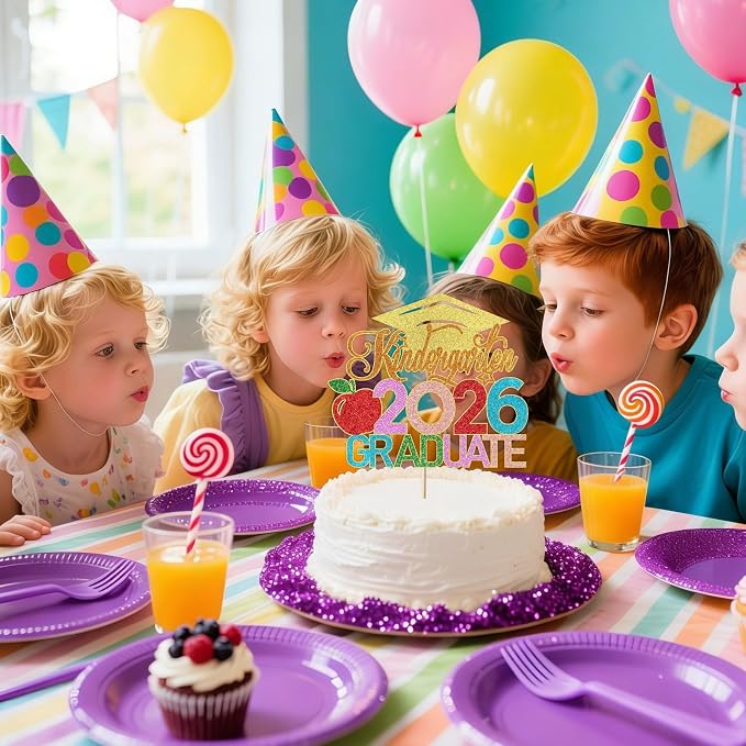 Kindergarten 2026 Graduate Cake Topper, Chirldren Graduation Cake Decorations, Preschool Kindergarten Graduations Party Decoration, Glitter Grad 2026 Happy Graduation (Gold Orange)