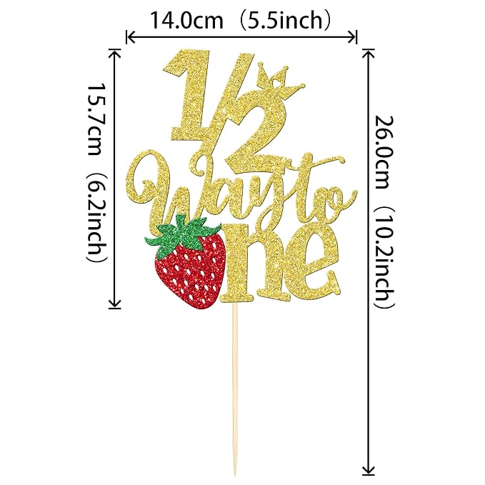 1 PCS Strawberry Half Way to One Cake Topper Glitter Happy 6 Months Birthday Cake Pick 1/2 Berry Sweet Half Birthday Cake Decoration for Strawberry Theme Baby 6 months Birthday Party Supplies Gold