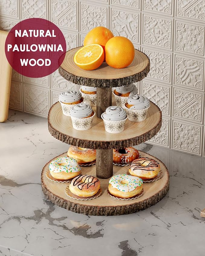 SANYOUNG Wood Cupcake Stand, 3 Tier Wooden Cupcake Tower, Large Rustic Cake Display Holder Stand for Woodland Baby Shower, Wedding, Birthday, Tea Party, Farmhouse Dessert Table Decorations