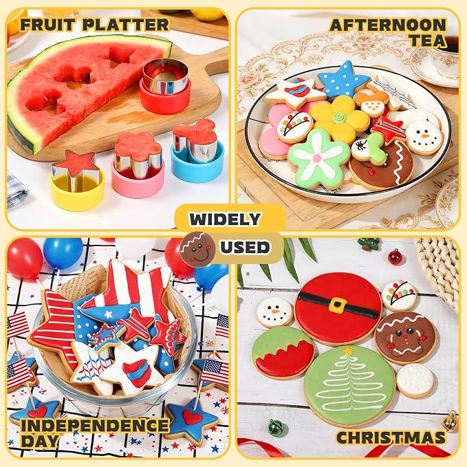 12 PCS Cookie Cutter Set, Stainless Steel with Safety Grip, Round Star Flower Cartoon Mouse Shapes in 3 Sizes, for DIY Baking, Holiday Party, Cake Decor, Sandwich and Fruit Cutter