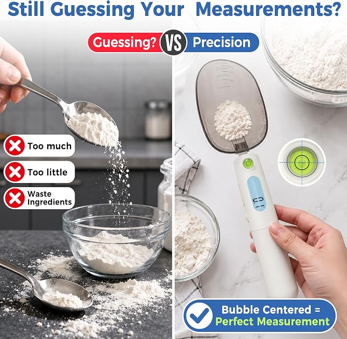 Digital Measuring Spoon Scale Rechargeable - 0.1g High Precision Gram Measuring Spoon with Level Bubble, g/oz/ml Multi-Unit Digital Spoon Scale for Baking Coffee Cooking Pet Food & Weight Control