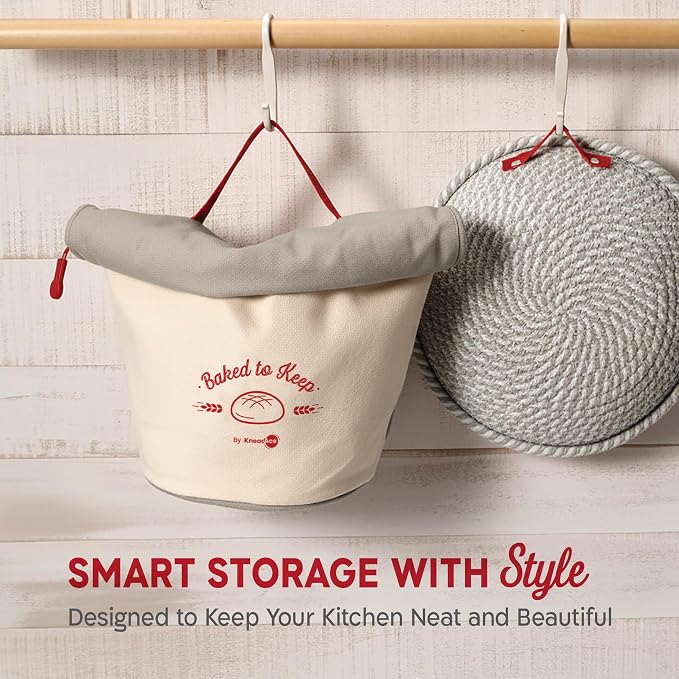 KNEADACE Reusable Bread Bags for Homemade Bread -Stylish Sourdough Bread Storage with Roll-Top Design, 100% Cotton & Food-Safe Lining, Freezer & Refrigerator Friendly, Gift for Bakers (Gray/Cream)