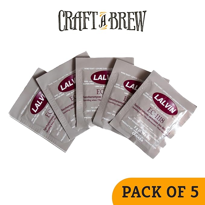 Craft A Brew - Lalvin EC-1118 Wine Yeast - Neutral Dry Wine Yeast - For Reds, Whites & Sparkling Wines, Hard Ciders & Seltzers - Ingredients for Home Fermenting - Wine Making Supplies - [5 Pack]