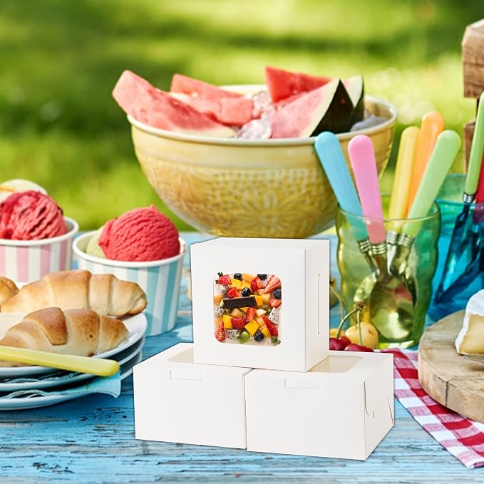 50pcs 5x5x2.5 Inches Cookie Boxes,White Bakery Boxes with Window,Small Treat Boxes,Mini Cake Boxes,for Pastry,Dessert,Cookies,Muffins,Donuts,Chocolate Covered Strawberries (5 * 5 * 2.5inch)