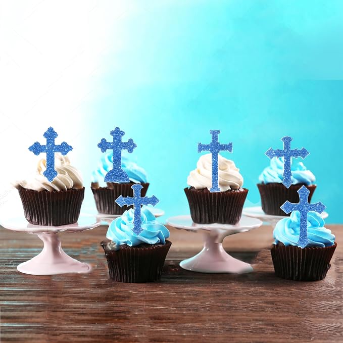 60 PCS Edible Cross Cupcake Toppers God Bless and Baptism Cupcake Toppers Edible Cross Cupcake Picks First Communion Cake Decorations for Religious Theme Baby Shower Birthday Party Supplies Blue
