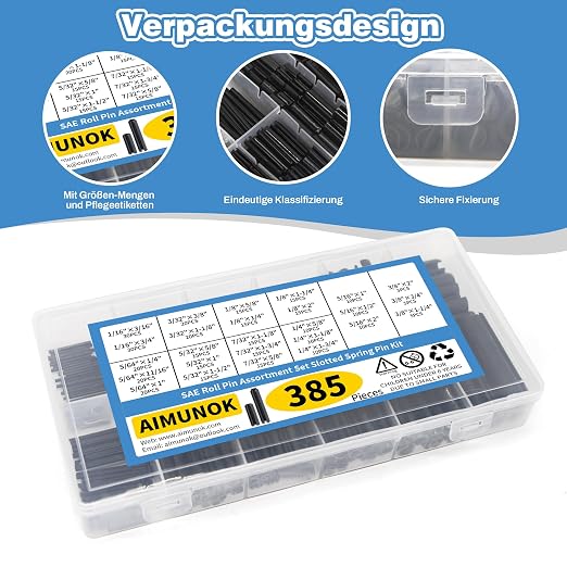 385PCS Roll Pin Set - 26 Sizes Spring Dowel Tension Roll Pins - 1/8 1/4 3/8 1/16 5/64 3/32 5/16 5/32 5/16 Split Expansion Pin Assortment Kit for Home Improvement Automotive Repair