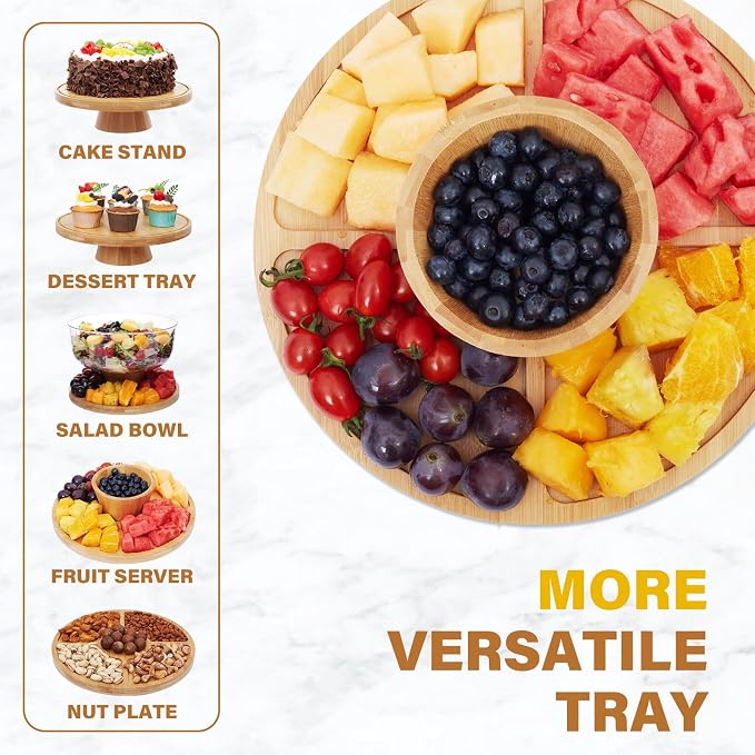 Bamboo Cake Stand with Lid, 6-in-1 Multifunctional Cake Plate, Cake Holder, Serving Tray, Fruit Platter, Salad Bowl, Dessert Table Display & Acrylic Cake Dome Cover