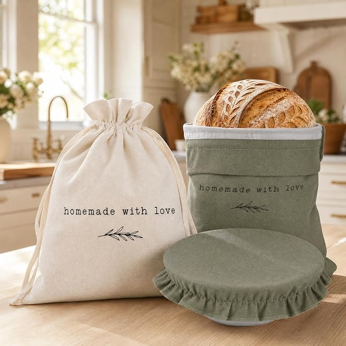 KIBAGA Beautiful Linen Bread Bag Set and Proofing Cover For Homemade Sourdough Bread - Keeps Your Loaf Fresh for Days - Reusable and Easy to Clean Storage Bag, The Perfect Baking Accessories