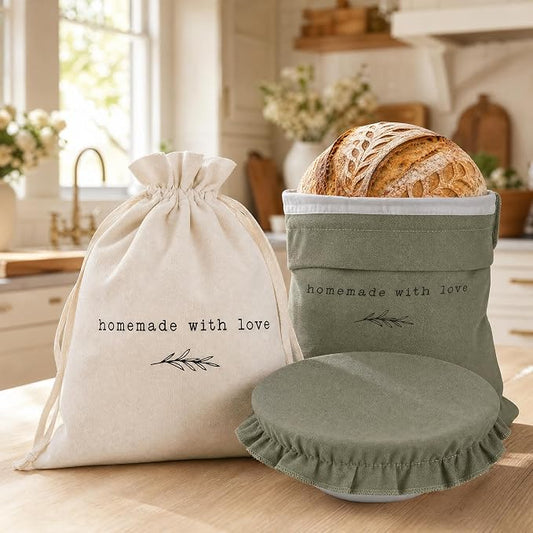 KIBAGA Beautiful Linen Bread Bag Set and Proofing Cover For Homemade Sourdough Bread - Keeps Your Loaf Fresh for Days - Reusable and Easy to Clean Storage Bag, The Perfect Baking Accessories