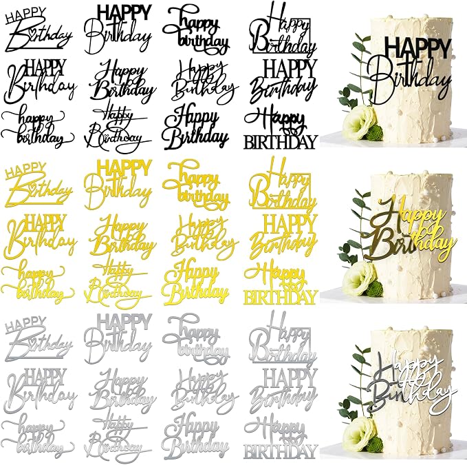24 PCS Acrylic Cupcake Toppers 8 Styles Happy Birthday Cake Topper Engraved Cake Picks for DIY Party Decoration (Black Gold Silver, 12style 36pcs)