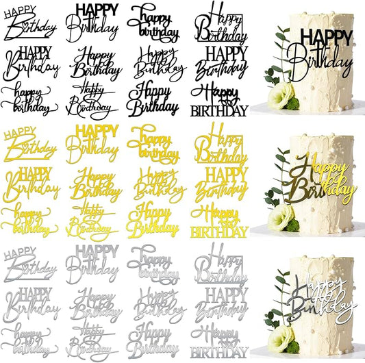 24 PCS Acrylic Cupcake Toppers 8 Styles Happy Birthday Cake Topper Engraved Cake Picks for DIY Party Decoration (Black Gold Silver, 12style 36pcs)