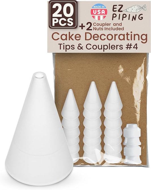 Reusable Plastic Piping Tips - Standard Size Round Tip #4 20 Pack with 2 Couplers Icing Nozzles for Cake Decoration Dessert Design Baking Supplies and Piping Bags Base Ø 0.75", Height 1.25"