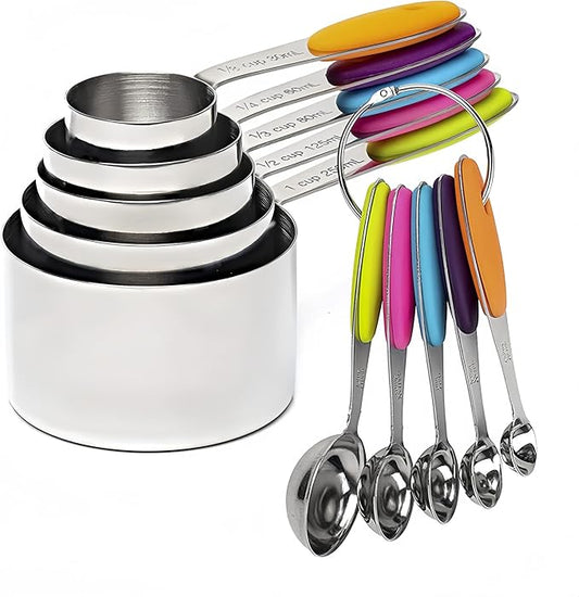 RUNZI 10 Pcs Measuring Cups and Spoons Set,Stackable Metal Measure Cup for Measuring Dry and Liquid Ingredients，Used Kitchen Dry Food, Cooking Baking Measurements,Silvery