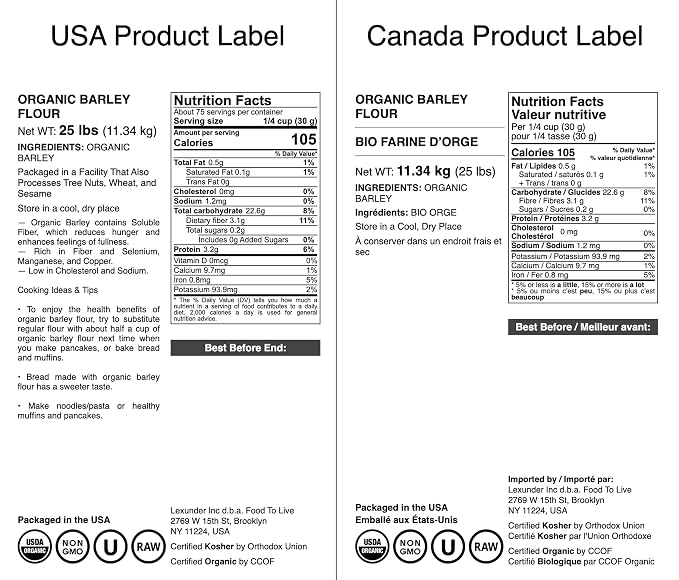 Food to Live Organic Barley Flour, 25 Pounds – Non-GMO, Stone Ground from Whole Hulled Barley, Fine, Kosher, Vegan, Bulk. Rich in Fiber. Perfect for Flour Blends. Great for Baking. Product of the USA.