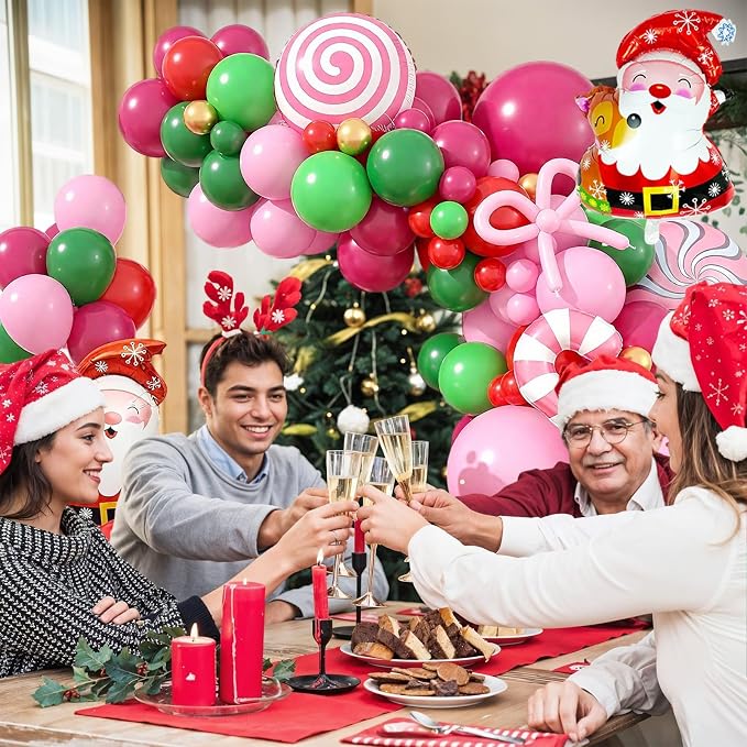 Christmas Balloon Arch Kit, Hot Pink Red Green Metallic Gold Balloons with Snowflake Santa Claus Lollipop Crutch Candy Long Balloons for Christmas Party Xmas Eve Decorations New Year Holiday Supplies