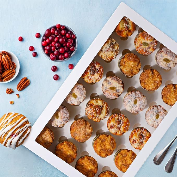 Fuutreo 5 Pack White Mini Cupcake Boxes with Window 21 x 13 x 4 Inches 24 Count Auto Pop up Large Cookie Boxes Cupcake Containers with Thank You Label Stickers for Muffins Pastries Donuts Cookies