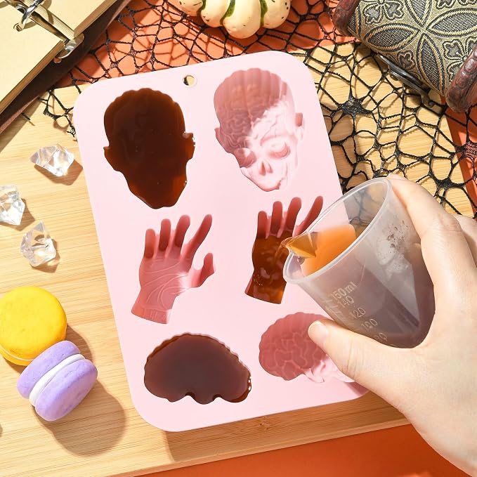 Ipotkitt 2pcs Pink Halloween Theme Silicone Candy Molds Skull Hand Brain Shaped Gummy Molds for Jelly Fondant Chocolate Candy Ice Cake DIY Crafts Keto Fat Bomb