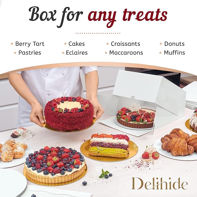 12 Cake Boxes With Cake Boards Set 10", Sturdy, Greaseproof, Front-Loading | Cheesecake Boxes 10 Inch with Thick Cake Boards, Disposable Cake Board & Box Set, Cardboard Pastry & Bakery Boxes With Window