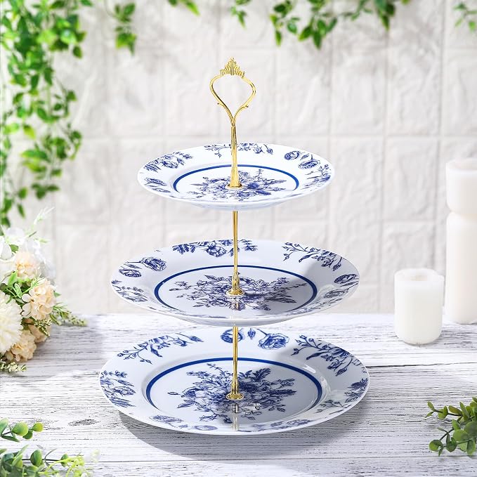 Lallisa Blue Floral 3 Tier Dessert Stand 10", 9" and 7" Ceramic Vintage Chinoiserie Tea Party Tiered Tray Cake Stand Display Holder Tower for Something Blue Before I Do Bridal Shower Decorations