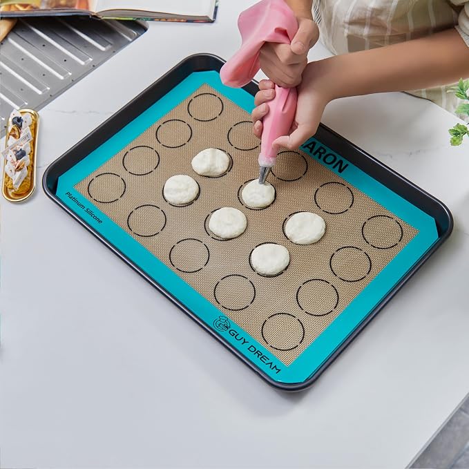 GUYDREMAT 2PCs Half Sheet Silicone Baking Mat Set for Cookie and Macaron - Reusable Premium Food Grade Silicone Macaron Sheets - Heat Resistant Silicone Oven Baking Mat with Measurements for Cookies