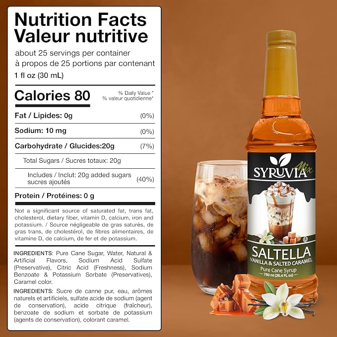 Syruvia Coffee Syrup, SALTELLA Syrup, Vanilla Salted Caramel Flavored Syrup for Drinks, Lattes, and Desserts – 25.4 fl oz - with Pump