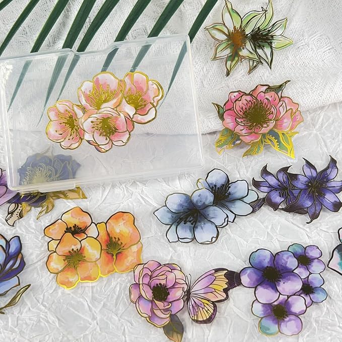 50Pcs Transparent Gilded Elegant Floral Scrapbook Stickers Pack, Vintage Aesthetic Flowers Stickers for Scrapbook Journal, PET Waterproof for Water Bottles Laptop Phone Scrapbook Supplies DIY Crafts