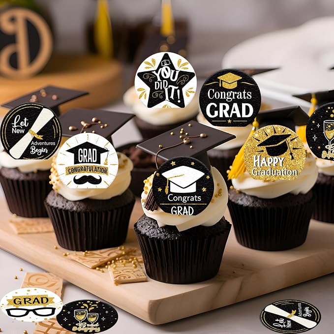 36PCS Edible Graduation Cap Cupcake Toppers Wafer Paper Grad Cap Diploma Cake Decorations Edible Grad Cap Cupcake Picks for 2026 Grad Theme Party Cake Decor Supplies (Black)
