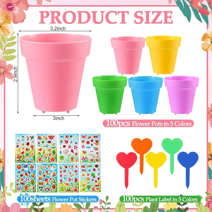 100 Sets Garden Pot Craft Kit, Flower Plant Spring Craft Including Plastic Nursery Plant Pots Labels Tags Stickers for DIY Flower Planting Growing Birthday Arts Kit (Macarons)