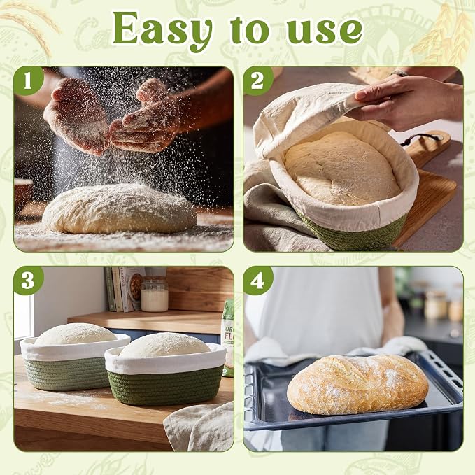4 Pcs 10 Inch Cotton Rope Banneton Bread Proofing Basket Set Oval Banneton Basket Sourdough Bread with Liners Covers for Baking Supplies (Green Tones)