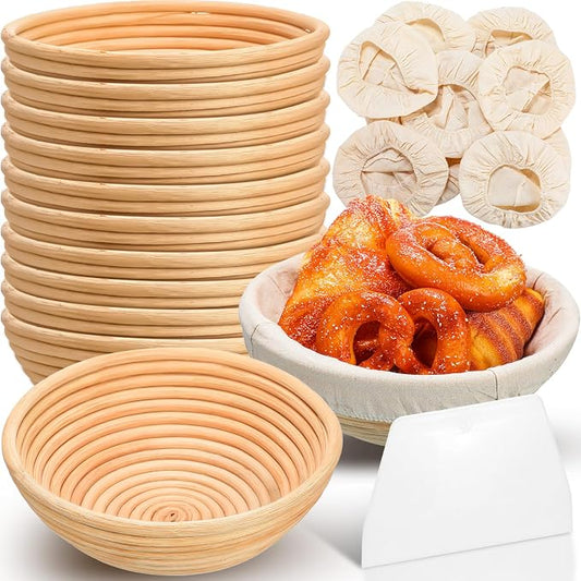 Gejoy Banneton Bread Proofing Basket Set of 8, Round Sourdough Bread Baking Bowl Kit with Cloth Liners and Dough Scrapers Natural Rattan Banneton Sourdough Bowl Basket for Bakers(9 Inch)