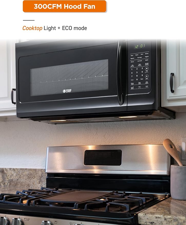 Commercial Chef 1.7 Cu. Ft. Over-The-Range Microwave Oven, 1000 Watt Microwave with 10 Power Levels, 300 CFM Hidden Vent Hood Fan, Touch Controls, LED Display, 10 Preset Options, CHMR17GB, Black