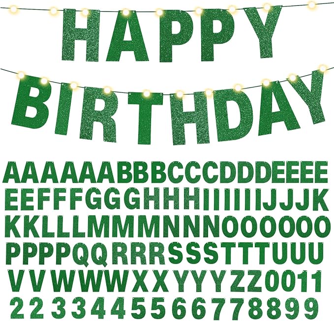 TaoBary 112 Pcs DIY Letter Kit Glitter Customizable Banner Letters Include 107 Letters and Numbers 3 Rope and 2 Needles for Birthday Halloween Christmas Wedding Valentine Party Decor(Green)