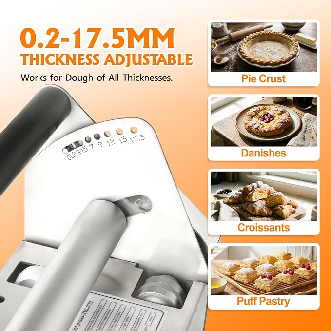 Dough Sheeter Machine (12") with 2 Sheeter Boards, Manual Dough Roller Machine, 0.2-17.5mm Adjustable Thickness, Stainless Steel for Pizza, Puff Pastry Dough, Croissant - Home & Commercial Baking
