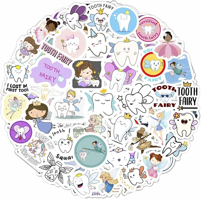 100Pcs Tooth Fairy Stickers for Water Bottle and Laptop - Tooth Fairy Party Supplies & Decorations, Waterproof Vinyl Decals, Dental and Fantasy Stickers, Gifts for Women & Men