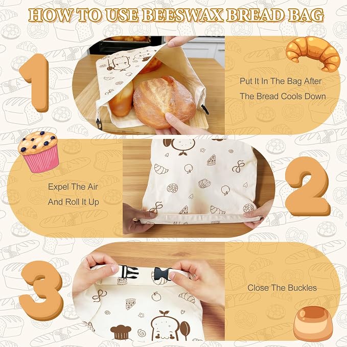 2 Pack Beeswax Bread Bags for Homemade Bread Sourdough, 17x13 Inch Reusable Linen Beeswax Bread Bag with Buckle to Keeps Bread Freshness for Food Storage(Cartoon Bread)