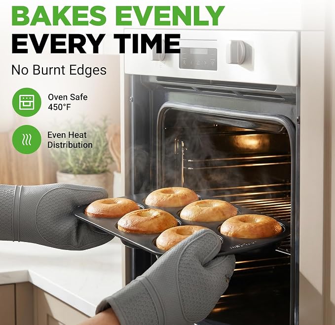 NutriChef Donut Mold | Nonstick Carbon Steel Donut Pan for Baking | 6-Cavity Tray with Bagel Mold Design | Oven Safe up to 450°F | Stainless Steel 12.5 x 8.5 Inch Bakeware | Black