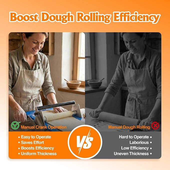 12" Dough Sheeter with 2 Sheeter Boards, 0.2-17.5mm Adjustable, Stainless Steel Manual Dough Roller Machine for Pizza, Puff Pastry Dough, Croissant - Home & Commercial Baking 5p1