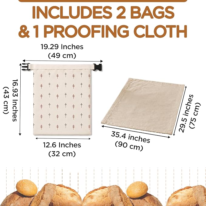 Pack of 2 XL Beeswax Bread Bags with 1 sordough Cloth, Zipper Reusable Cotton Linen Bread Bags for Homemade Bread Storage, Natural Beeswax Bread Bag, Freezer Safe Ecofriendly Bread Keeper