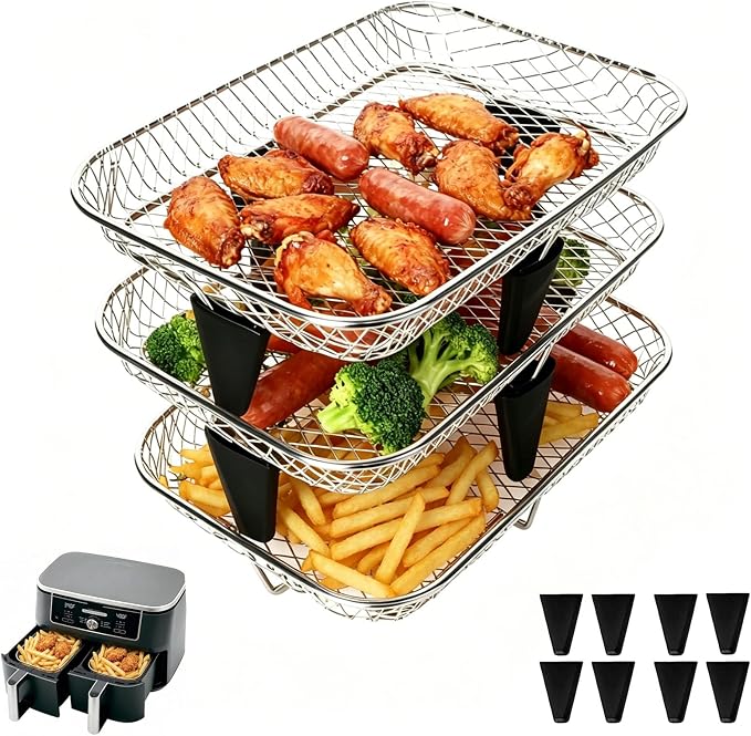 3 Tiers Stackable Air Fryer Racks, 7.79"x5.23"x1.57" Stainless Steel Dehydrator Trays with Non-slip Feet for Ninja DZ201 DZ071 DZ090 DZ302 DZ401 DZ550 SL401 Dual Airfryer