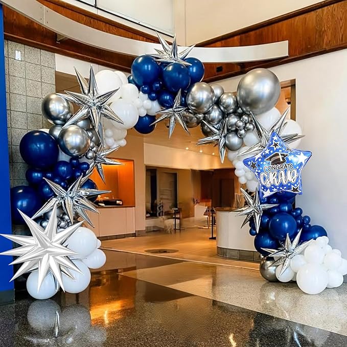 2026 Graduation Balloon Arch Kit, Blue Silver White Balloons with Congrats Grad Star Foil Balloons for Class of 2026 College High School Graduation Party Decorations