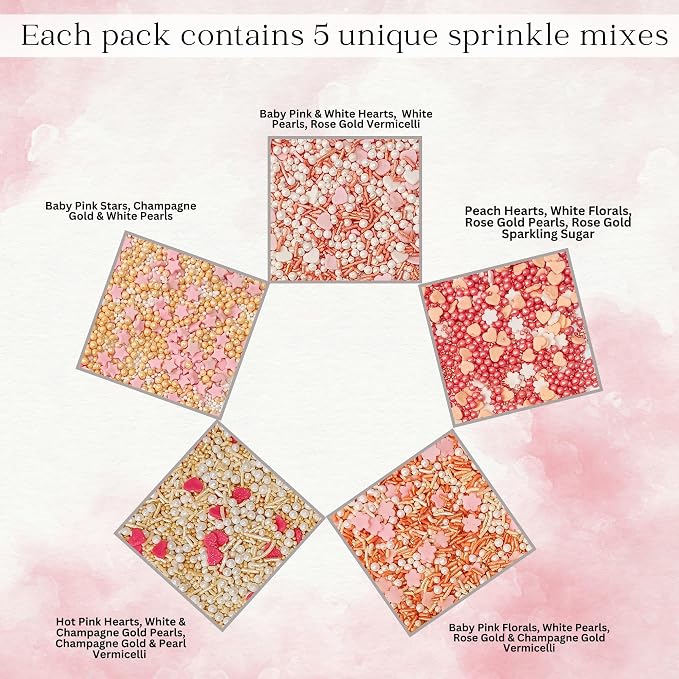 Confect Valentine’s Day Edible Sprinkles Mix – Gold, White & Pink Pearls with Stars & Hearts – Decorative Baking Sprinkles for Cakes, Cupcakes, Cookies & Birthdays- Vegan, Gluten-Free, Nut-Free, Soy-Free, Dairy-Free, Palm Oil-Free -5 Oz