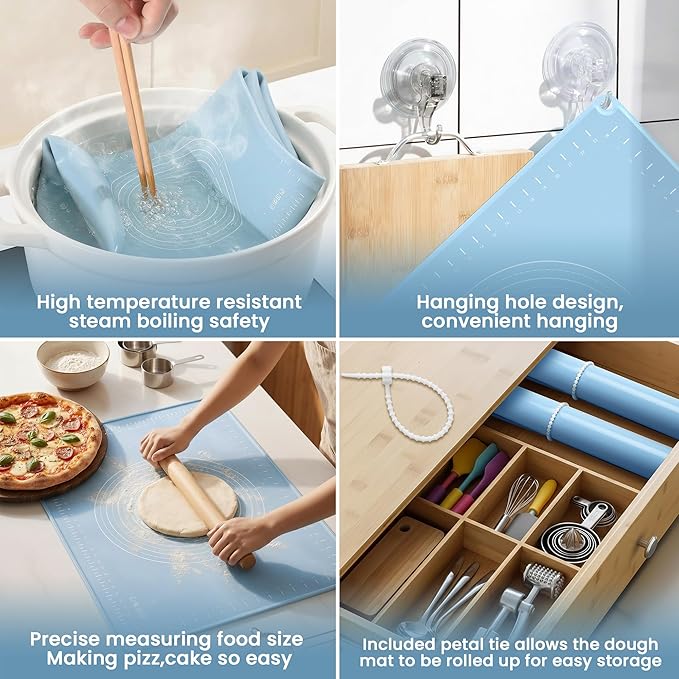 Silicone Baking Mat 20x16 Inches | Extra Thick Dough Rolling Mat with Measurements and Edge Heightening | Non-Stick Food Grade Pastry Mat for Pastry, Bread, Cookies, Pizza, Fondant & Pasta