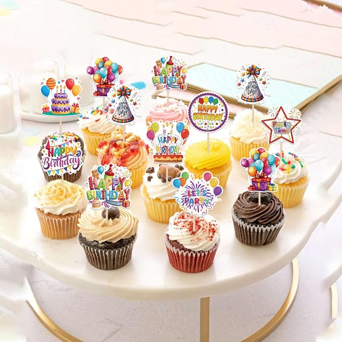 36 PCS Happy Birthday Cupcake Toppers Colorful Balloon Star Cheers Let's Party Time Firework Cupcake Pciks Happy Birthday Cake Decorations for Celebrating Anniversary Party Cake Decorations Supplies