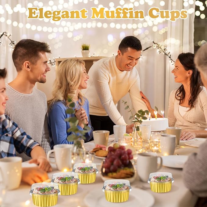 Gejoy 500 Pcs Aluminum Foil Baking Cups with Lids 5 oz Disposable Ramekins Mini Cake Pans Creme Brulee Cupcake Liners Muffin Dessert Container for Wedding Birthday Party (Classic,Gold Color)