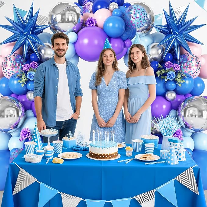 Blue Purple Silver Balloon Arch Garland Kit with Blue Star Foil Balloons Silver 4D Round Balloons for Hawaii Theme Baby Shower Birthday Party Decorations