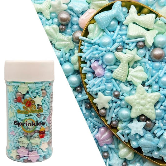 CandiJumpin Under The Sea Sprinkles, Edible Seashells and Starfish for Cake Decorating Ocean Themed Cake Decorations Teal Seashells and Mermaid Sugar Decorations Baby Shower Party Birthday Wedding Christmas Supplies 3 OZ
