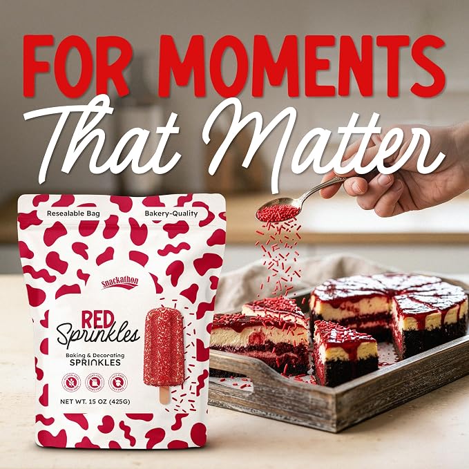 Snackathon Red Sprinkles for Baking & Decorating, 15 oz Vibrant Red Jimmies in Resealable Pouch – Gluten Free Sprinkles for Cakes, Ice Cream Toppings & Desserts
