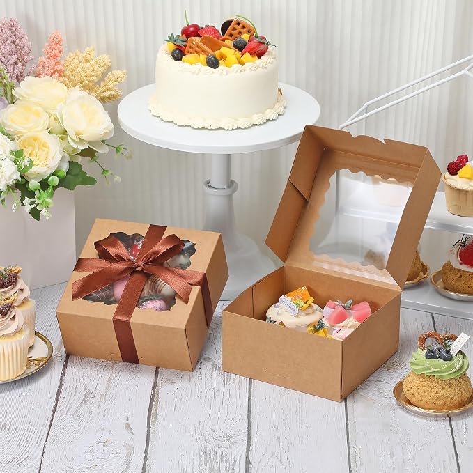 COTOPHER Auto Pop Up Cookie Box with Window 6x6x3 Inches – 50 Pack Brown Bakery Boxes with Ribbon for Birthday Party Favors, Wedding, Christmas Gift Packaging for Cookies, Candy, Macarons