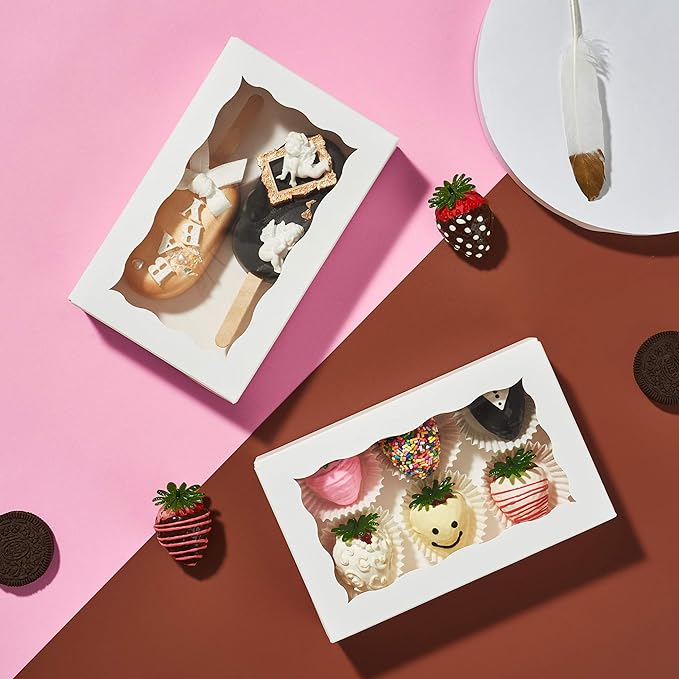 RomanticBaking 12 Pack Cookies Boxes Assembly Pop-up 7" x 4 3/8" x 1 1/2" White Bakery Boxes,Pastry Boxes,Dessert Boxes,Donuts Boxes