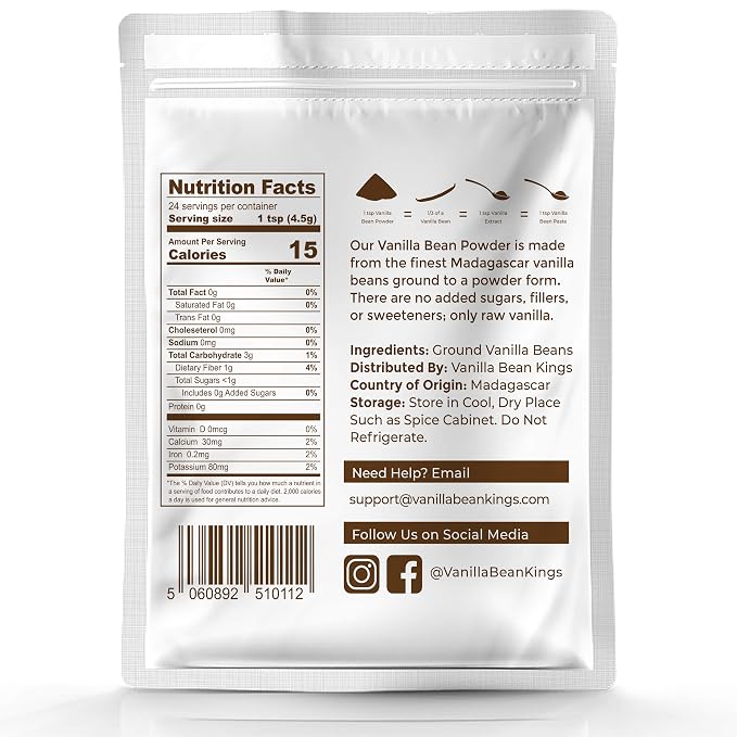Organic Vanilla Bean Powder - 100% Pure Ground Madagascar Vanilla Powder - For Cooking, Baking, & Additional Flavoring - Add To Coffee, Tea, Yogurt, & Shakes - Raw, Unsweetened, No Fillers or Additives - 8 oz
